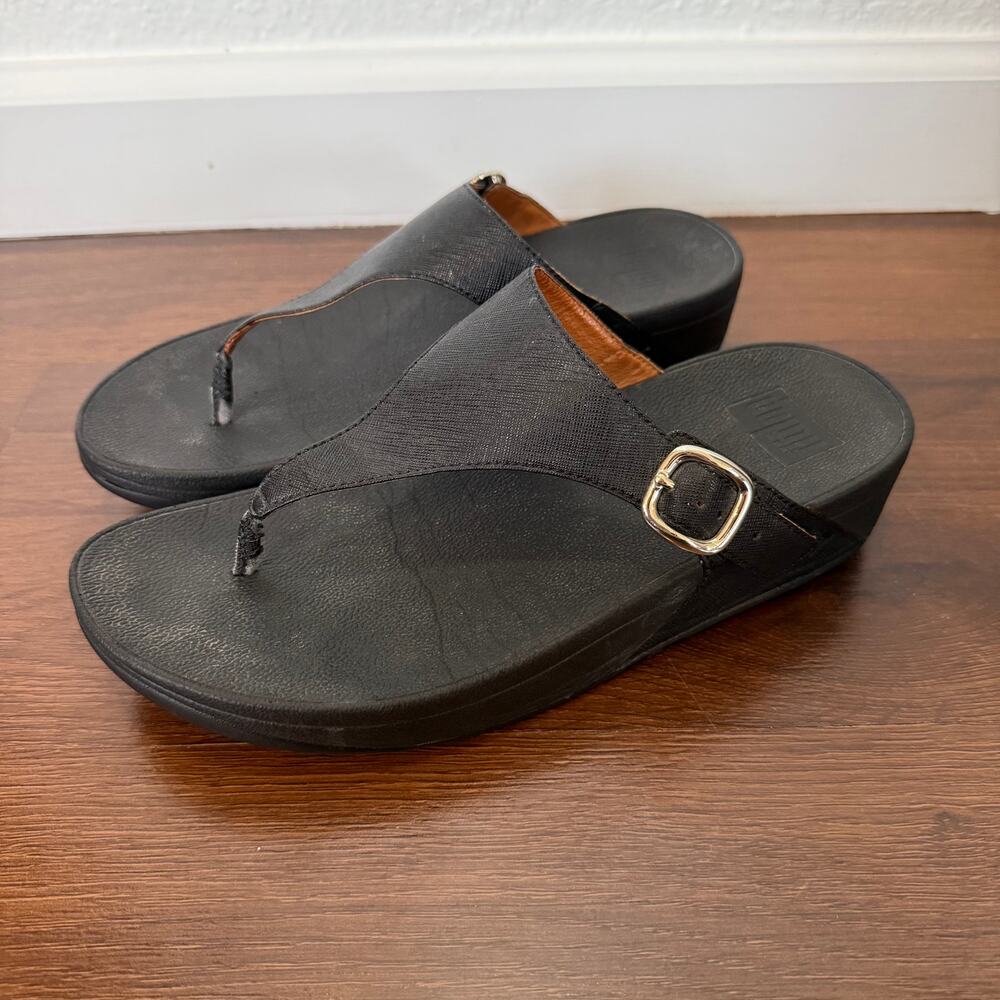 FitFlop Thong Wedge Comfort Sandals Black Sz 8 Buckle Casual Comfort Support